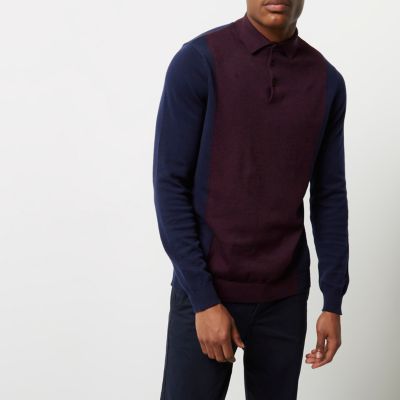 Purple knit colour block polo shirt